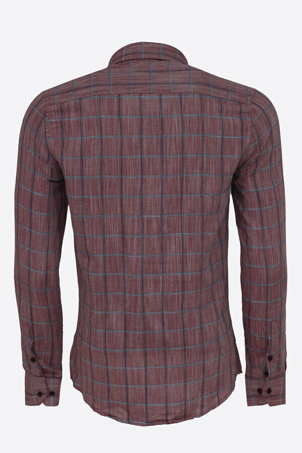 Plaid Slim Fit Burgundy Men Shirt - Wessi