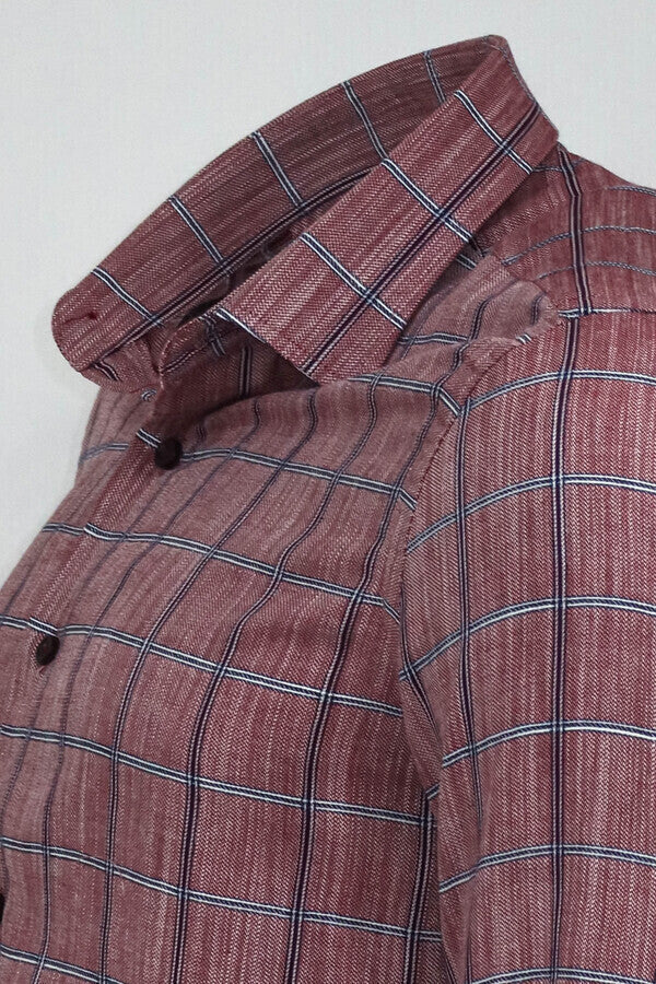 Plaid Slim Fit Burgundy Men Shirt - Wessi