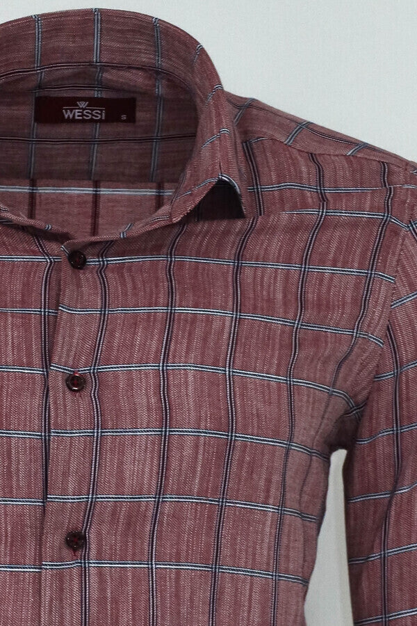 Plaid Slim Fit Burgundy Men Shirt - Wessi