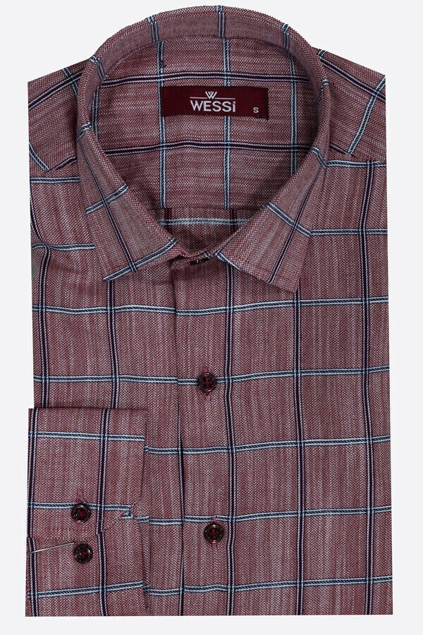 Plaid Slim Fit Burgundy Men Shirt - Wessi