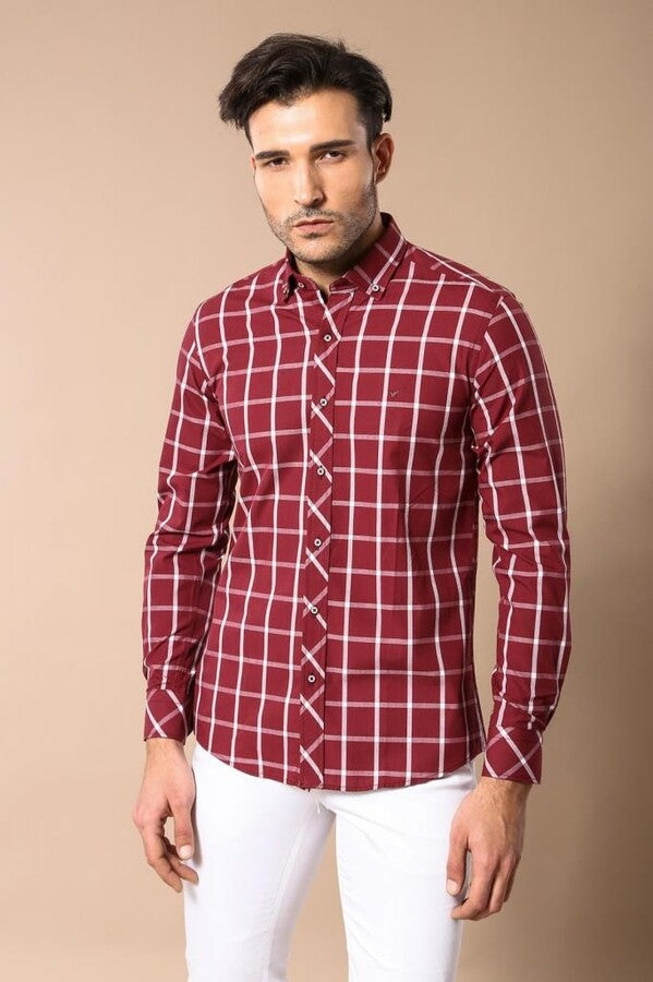 Plaid Slim Fit Burgundy Shirt - Wessi