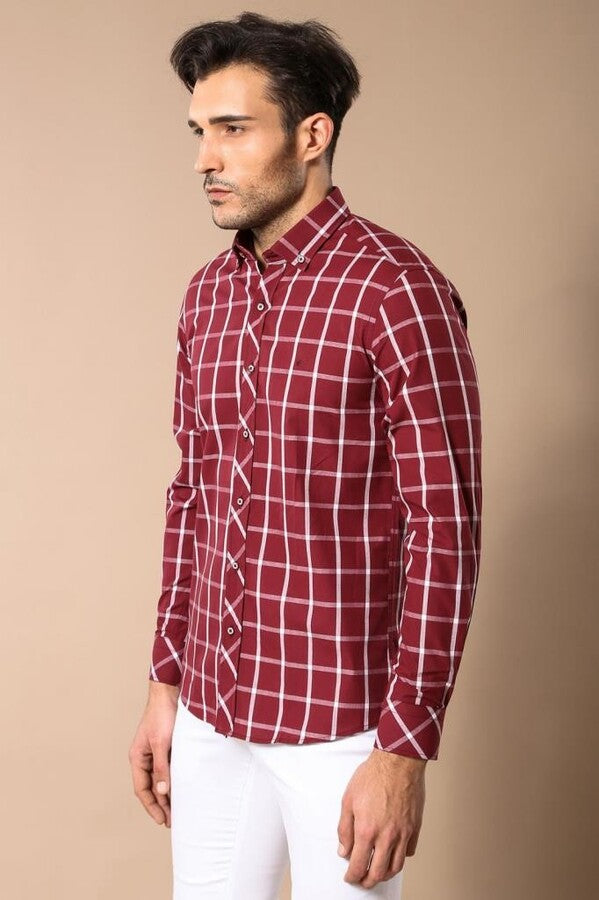 Plaid Slim Fit Burgundy Shirt - Wessi