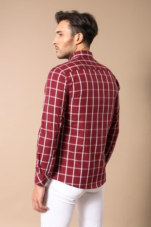 Plaid Slim Fit Burgundy Shirt - Wessi