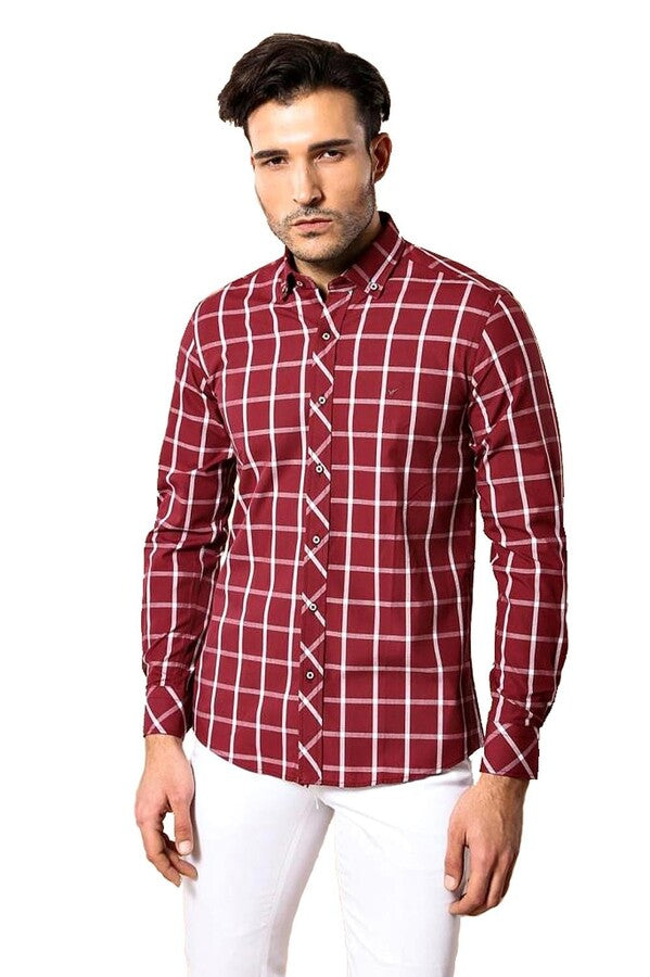 Plaid Slim Fit Burgundy Shirt - Wessi