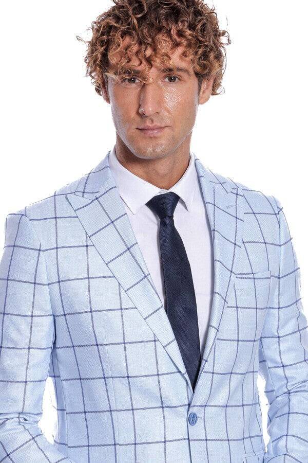 Plaid Slim Fit Light Blue Men Blazer - Wessi