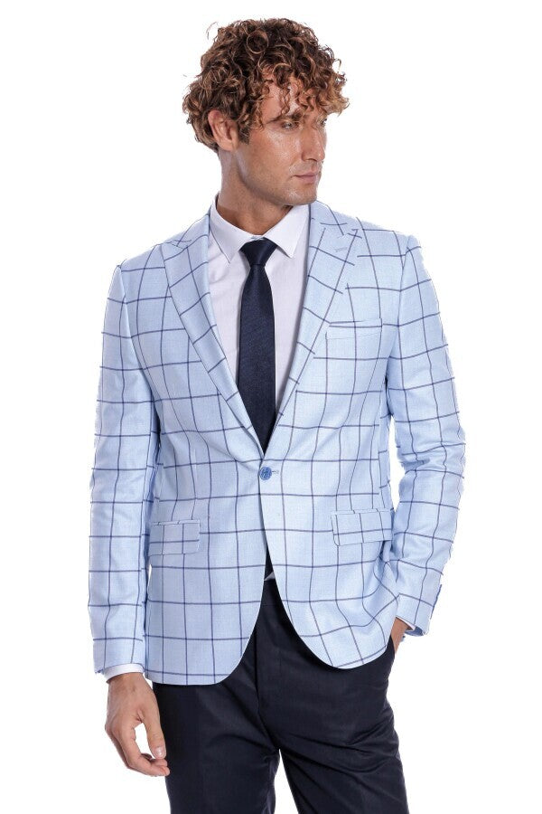 Plaid Slim Fit Light Blue Men Blazer - Wessi