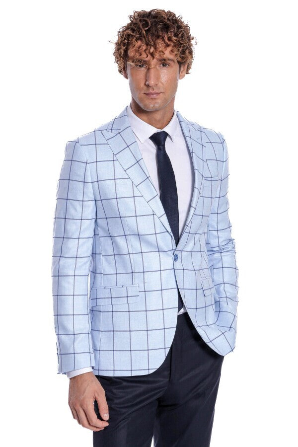 Blazer azul claro ajustado a cuadros para hombre - Wessi