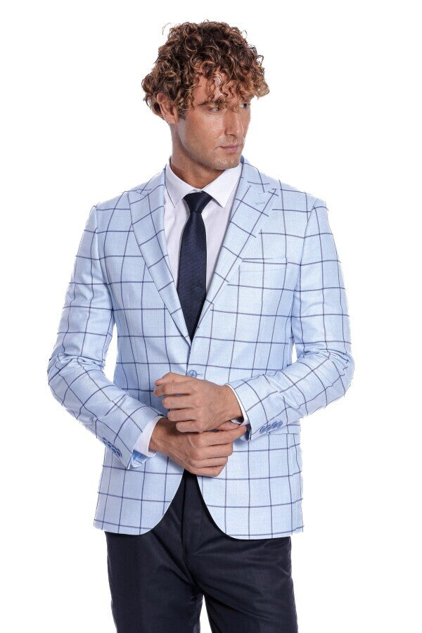 Blazer azul claro ajustado a cuadros para hombre - Wessi