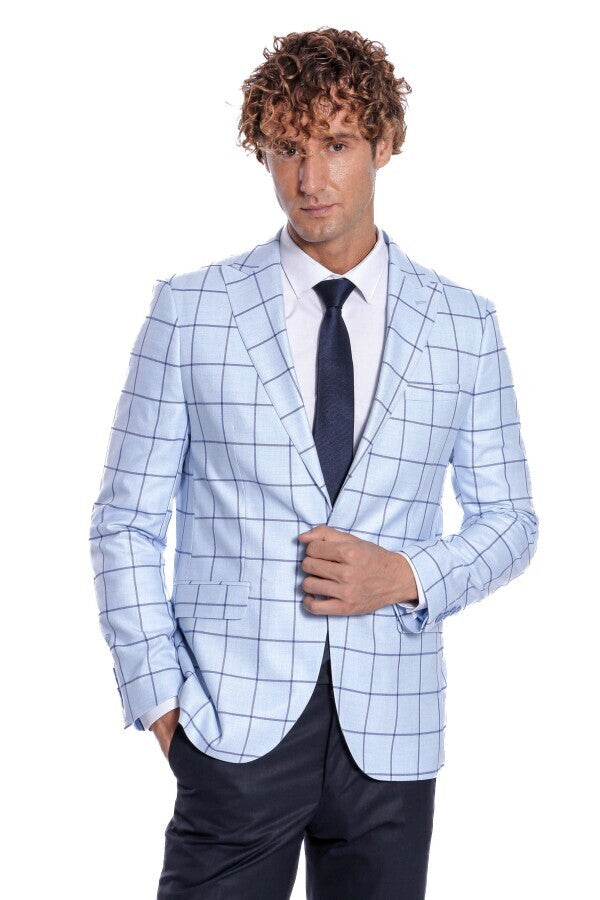 Blazer azul claro ajustado a cuadros para hombre - Wessi