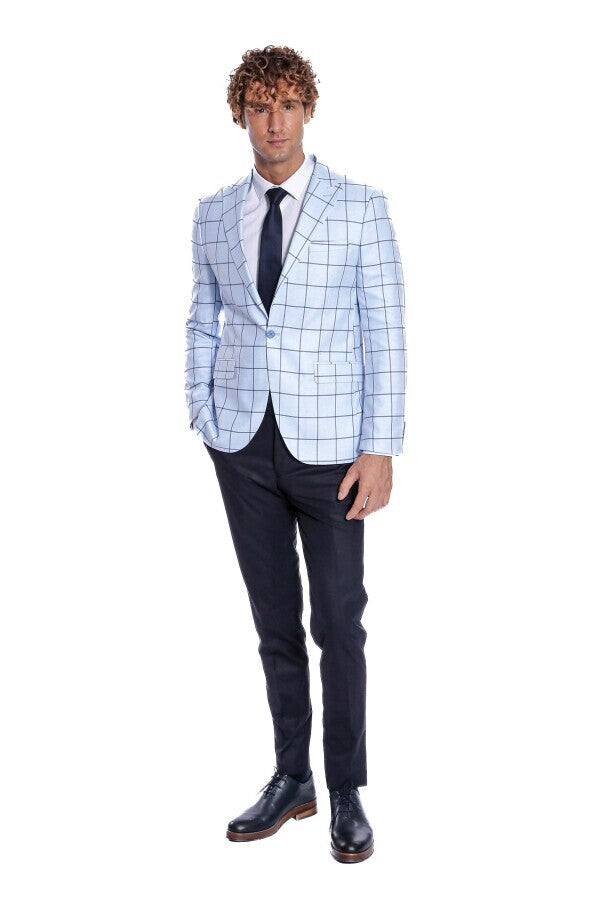 Plaid Slim Fit Light Blue Men Blazer - Wessi