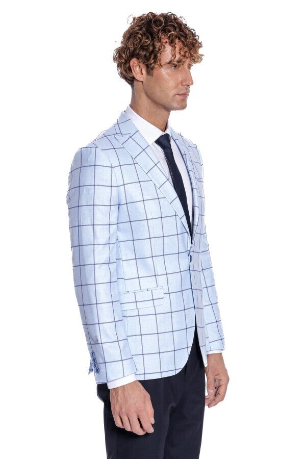 Plaid Slim Fit Light Blue Men Blazer - Wessi