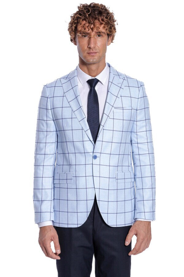 Plaid Slim Fit Light Blue Men Blazer - Wessi