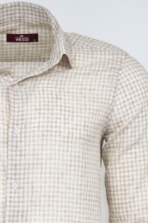 Plaid Slim Fit Light Brown Men Shirt - Wessi