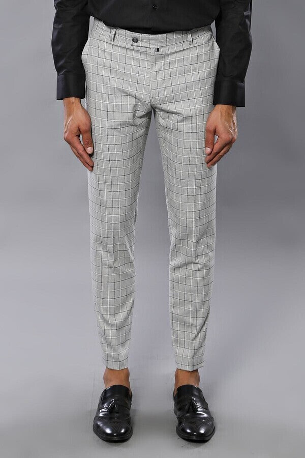 Plaid Slim-Fit Light Grey Men Trousers - Wessi