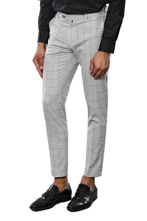 Plaid Slim-Fit Light Grey Men Trousers - Wessi