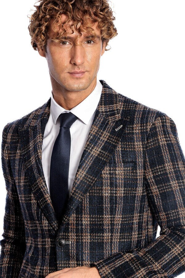 Blazer azul marino ajustado a cuadros para hombre - Wessi