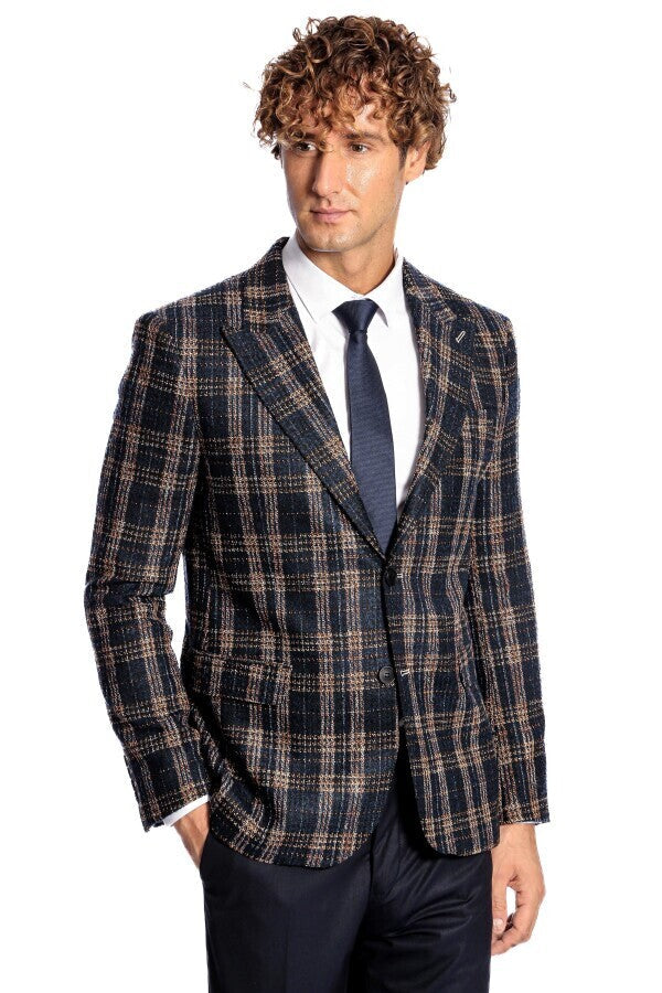 Blazer azul marino ajustado a cuadros para hombre - Wessi