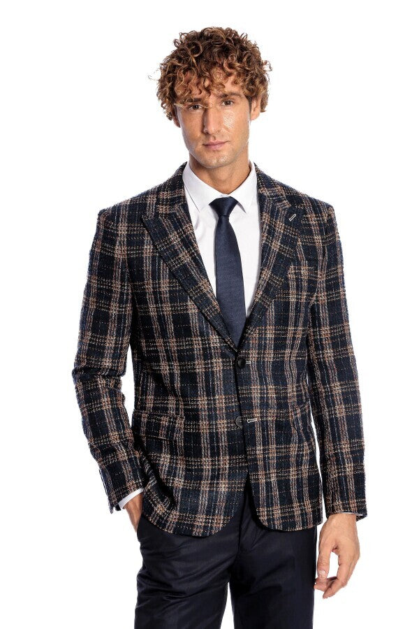 Blazer azul marino ajustado a cuadros para hombre - Wessi