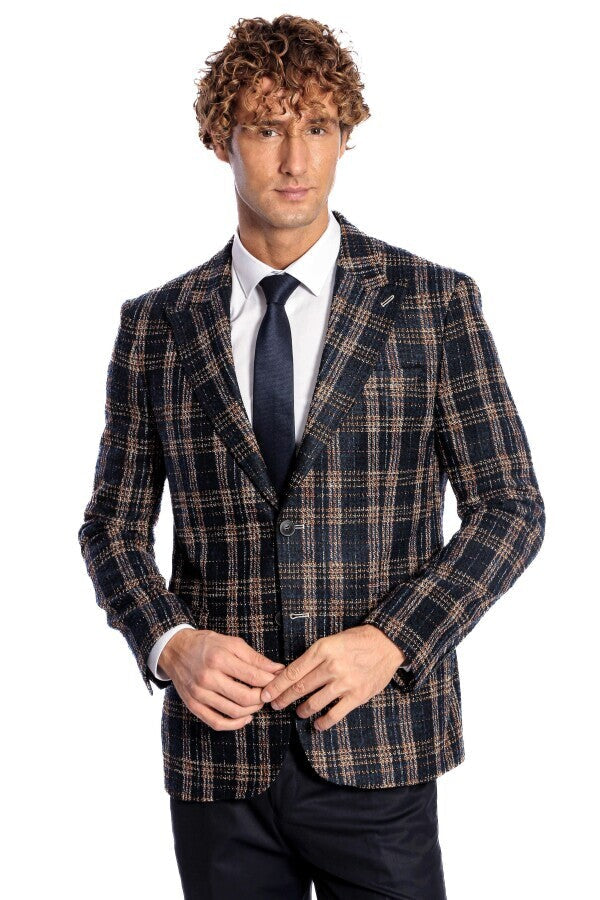 Blazer azul marino ajustado a cuadros para hombre - Wessi