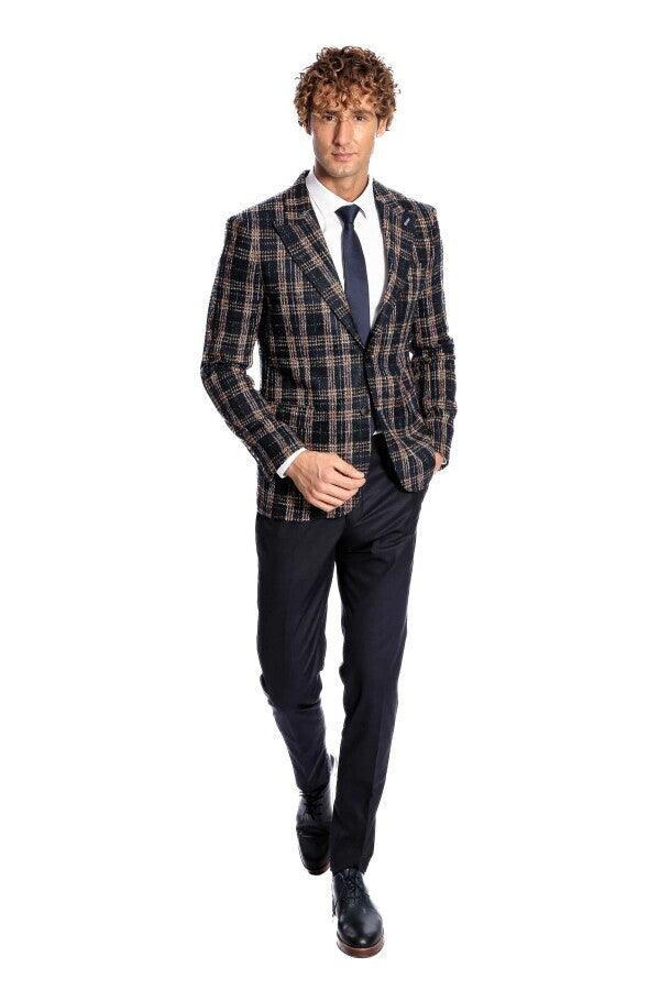 Plaid Slim Fit Navy Blue Men Blazer - Wessi