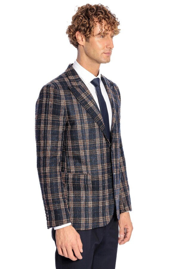 Blazer azul marino ajustado a cuadros para hombre - Wessi