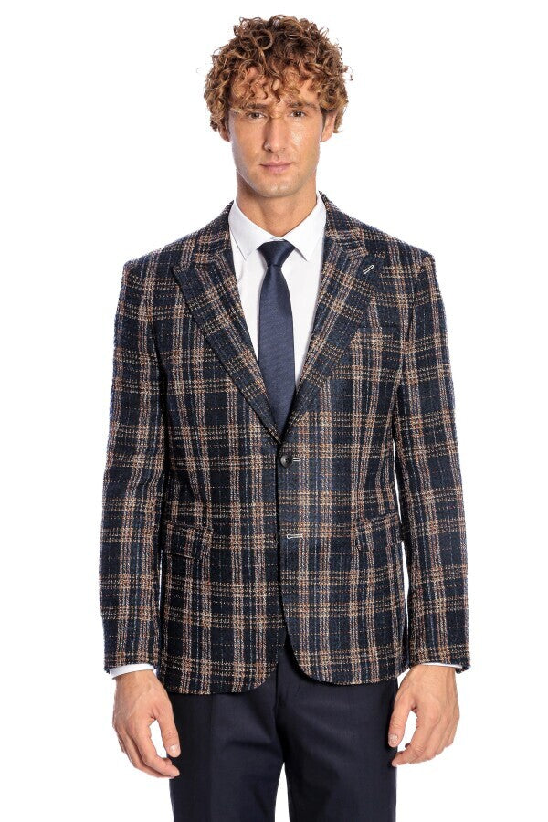 Plaid Slim Fit Navy Blue Men Blazer - Wessi