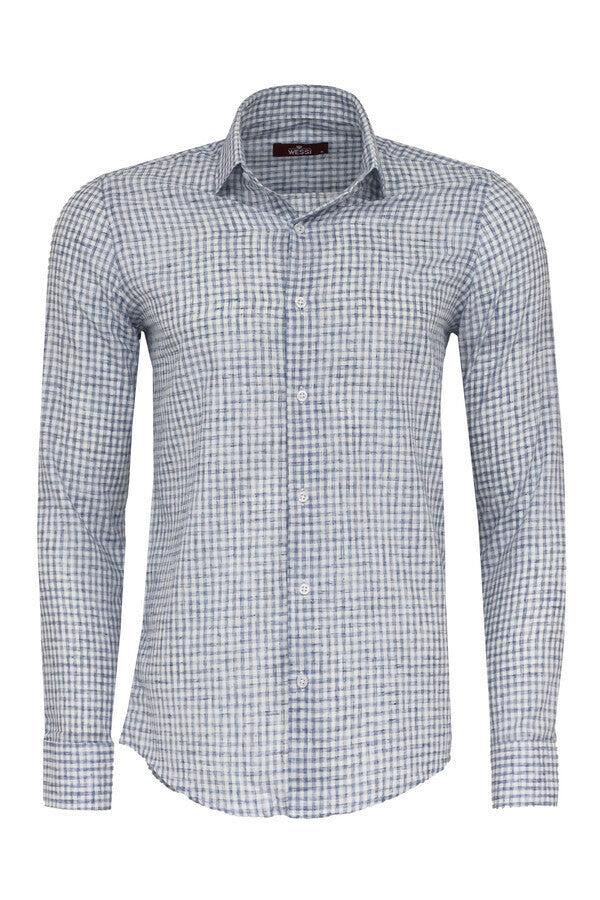 Camisa azul marino de corte entallado a cuadros para hombre - Wessi