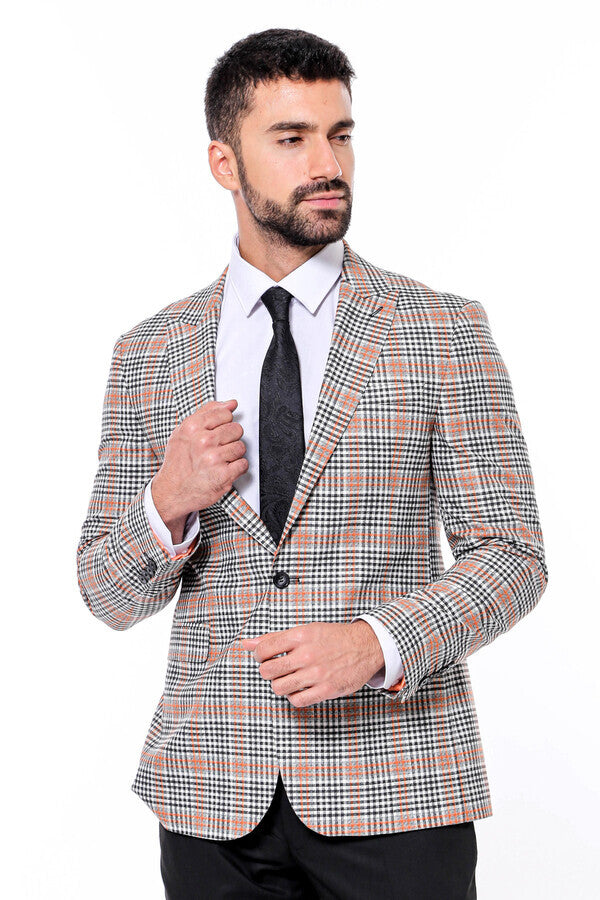 Plaid Slim-Fit Orange Black Men Blazer - Wessi