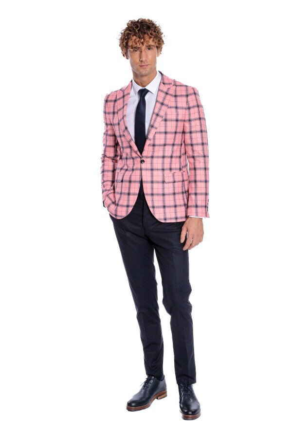 Blazer ajustado a cuadros rosa para hombre - Wessi