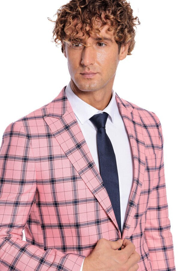 Plaid Slim Fit Pink Men Blazer - Wessi