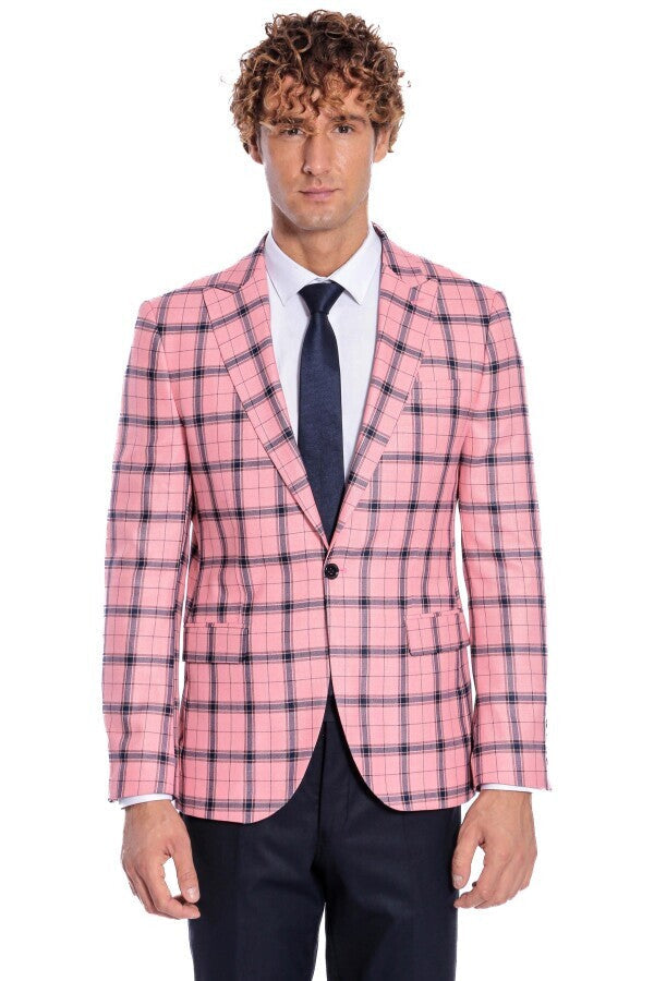 Blazer ajustado a cuadros rosa para hombre - Wessi