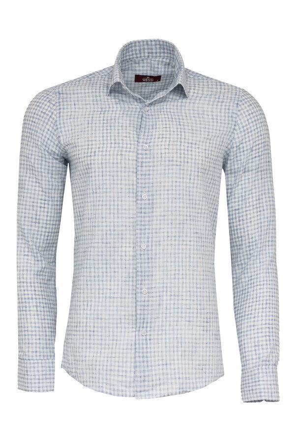 Plaid Slim Fit Sky Blue Men Shirt - Wessi