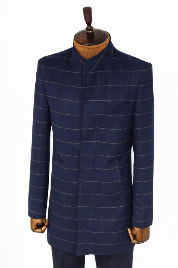 Plaid Standing Collar Navy Blue Men Coat - Wessi