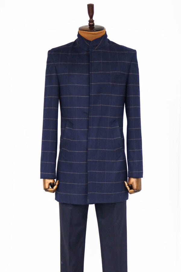 Plaid Standing Collar Navy Blue Men Coat - Wessi