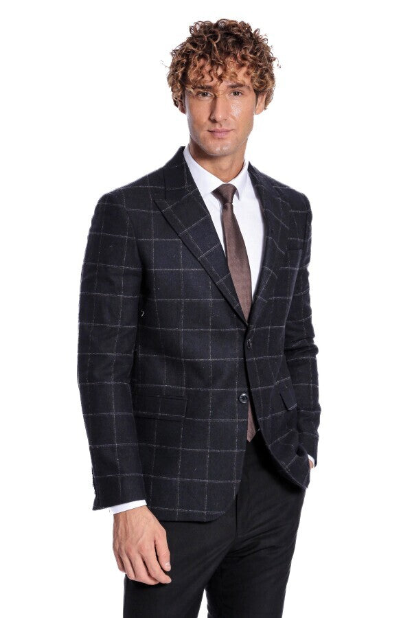 Plaid Wool Black Men Blazer - Wessi