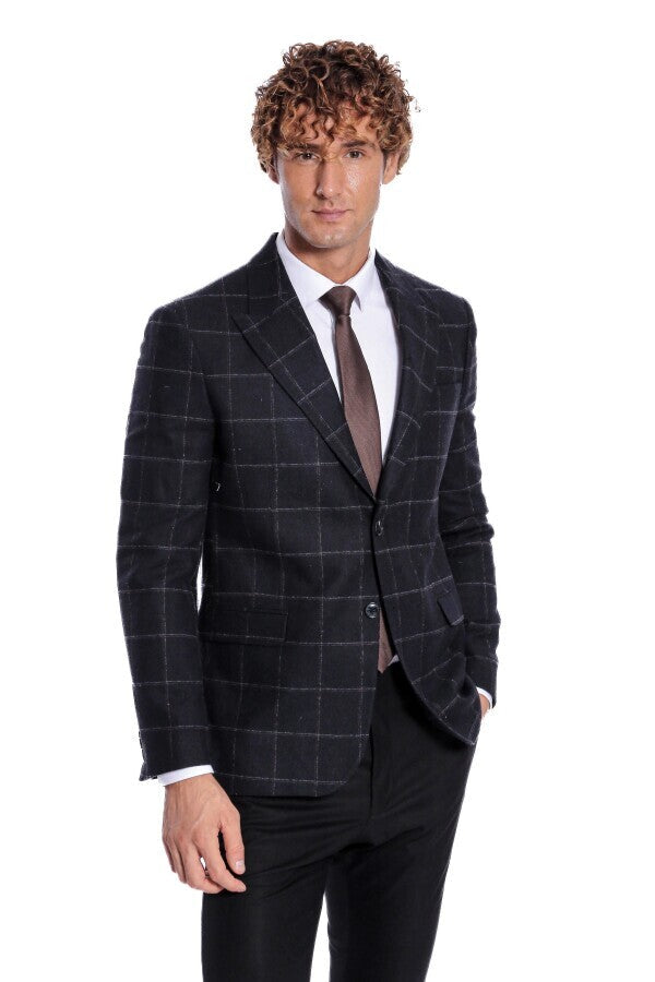 Plaid Wool Black Men Blazer - Wessi