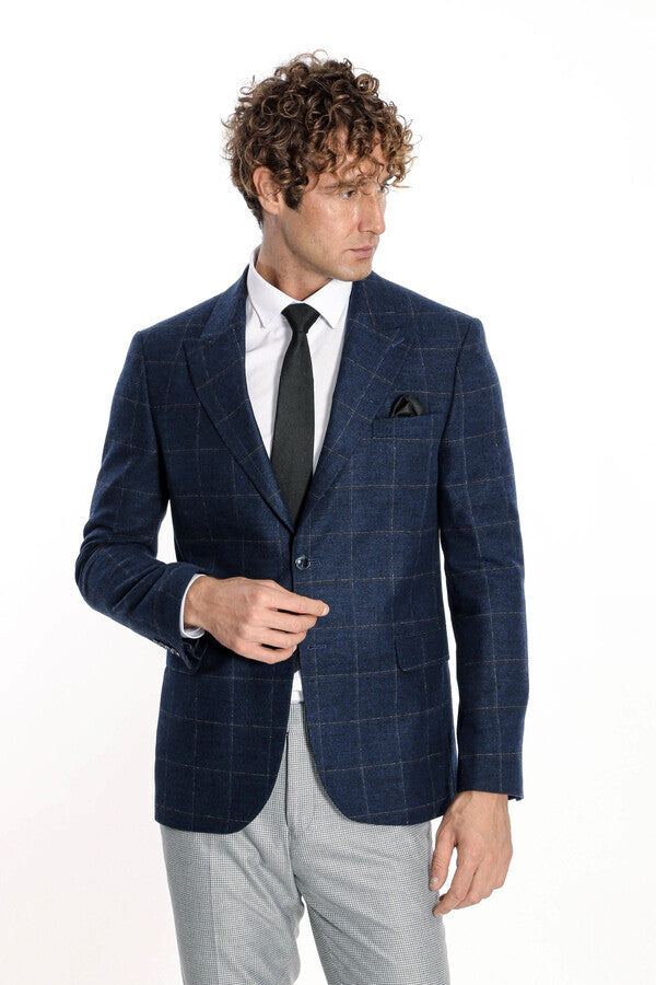 Plaid Wool Navy Blue Men Blazer - Wessi