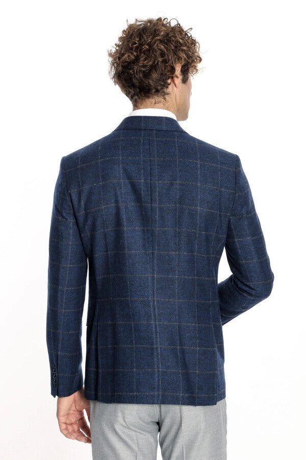 Plaid Wool Navy Blue Men Blazer - Wessi