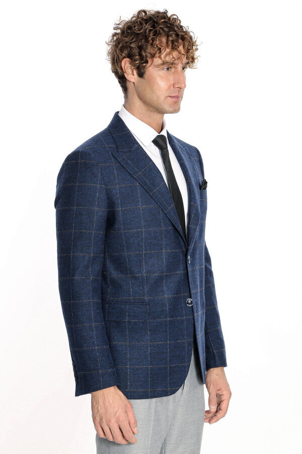 Plaid Wool Navy Blue Men Blazer - Wessi