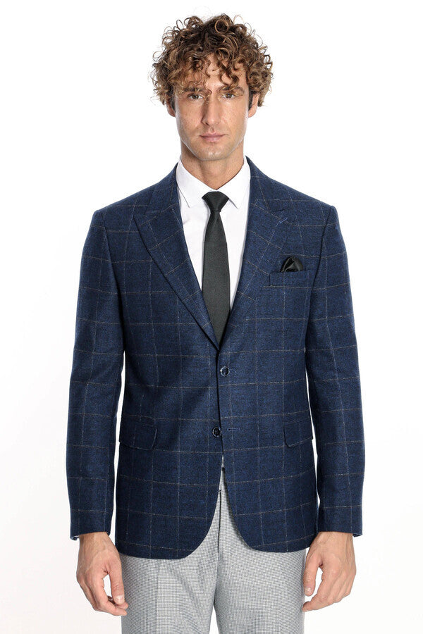 Plaid Wool Navy Blue Men Blazer - Wessi