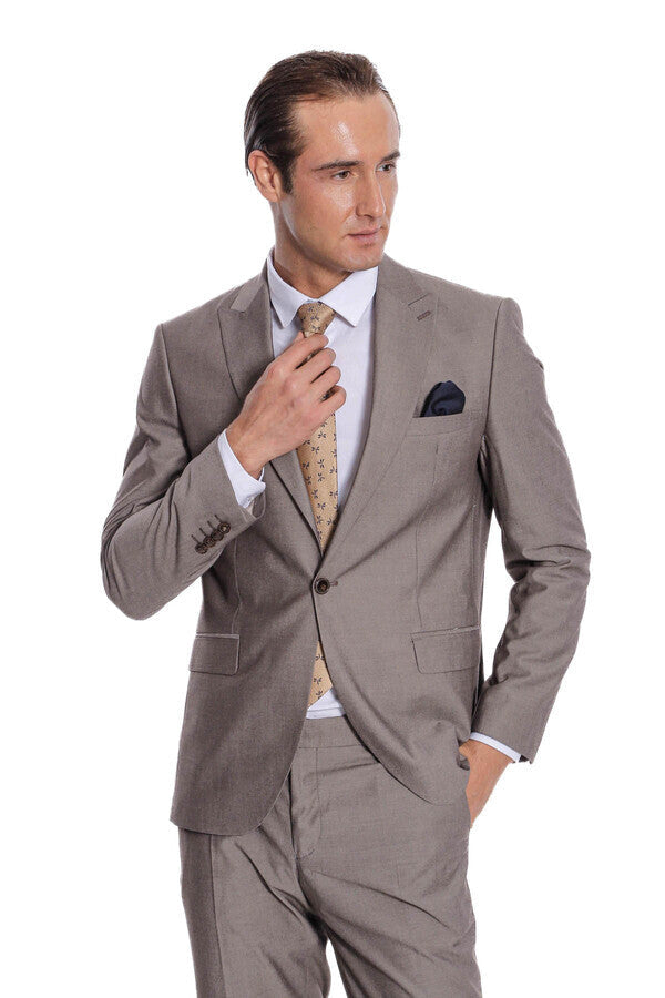 Plain 2 Piece Slim Fit Light Brown Men Suit - Wessi