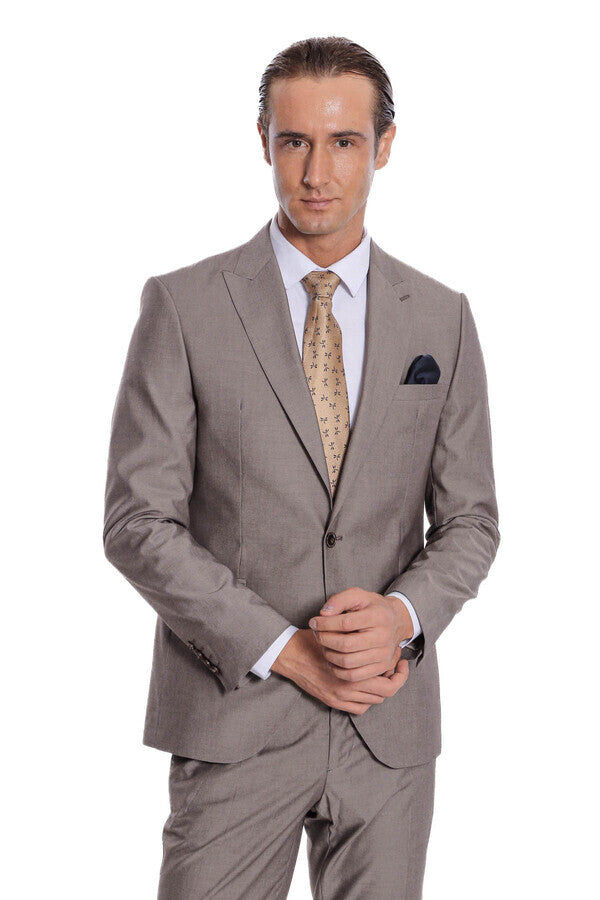 Plain 2 Piece Slim Fit Light Brown Men Suit - Wessi