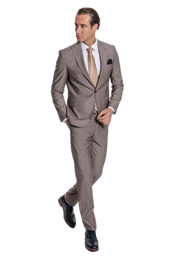 Plain 2 Piece Slim Fit Light Brown Men Suit - Wessi