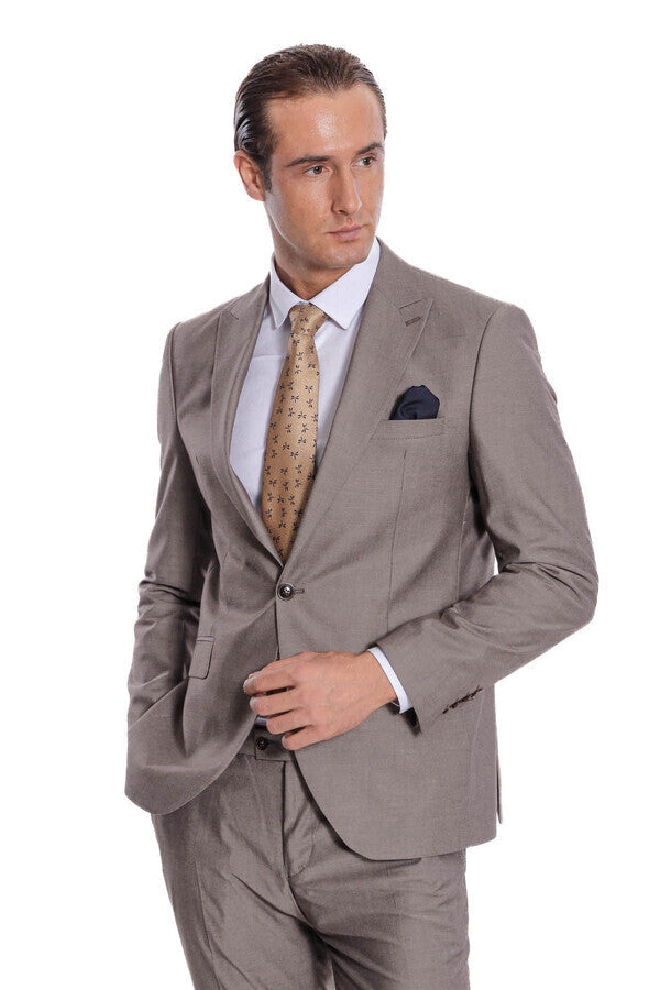 Plain 2 Piece Slim Fit Light Brown Men Suit - Wessi