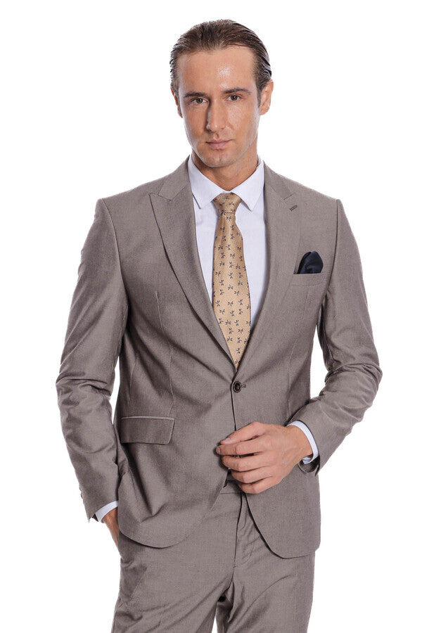 Plain 2 Piece Slim Fit Light Brown Men Suit - Wessi