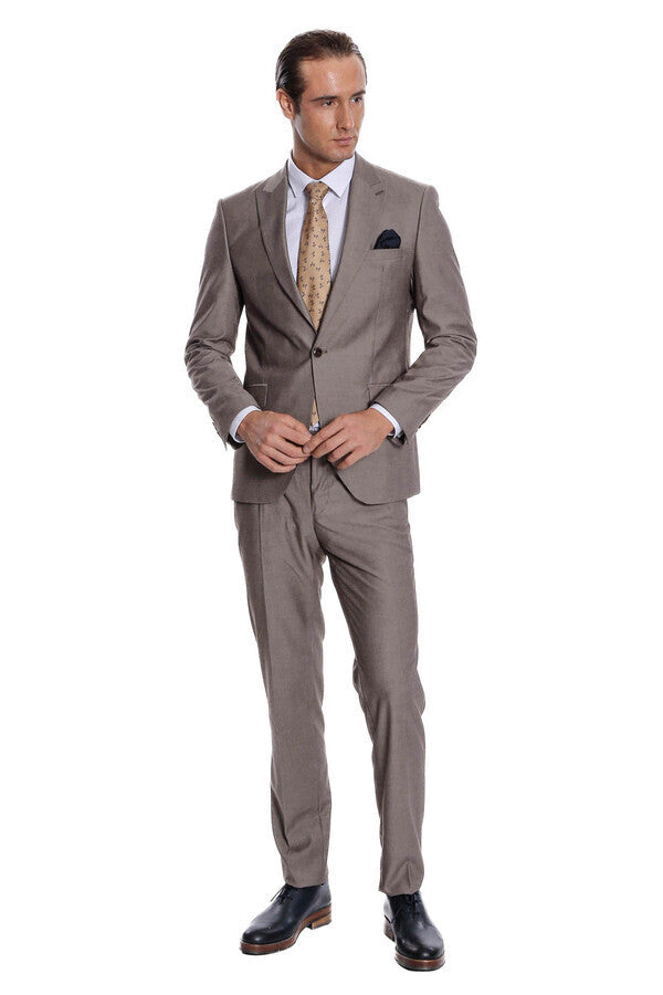 Plain 2 Piece Slim Fit Light Brown Men Suit - Wessi