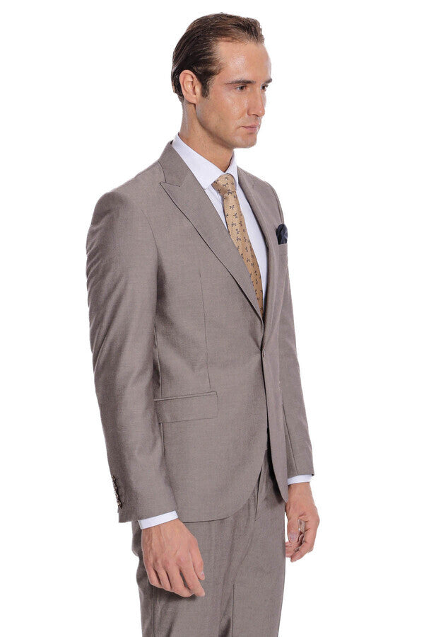 Plain 2 Piece Slim Fit Light Brown Men Suit - Wessi