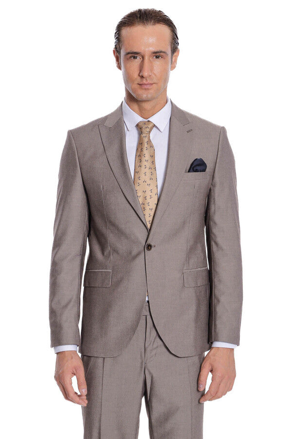 Plain 2 Piece Slim Fit Light Brown Men Suit - Wessi