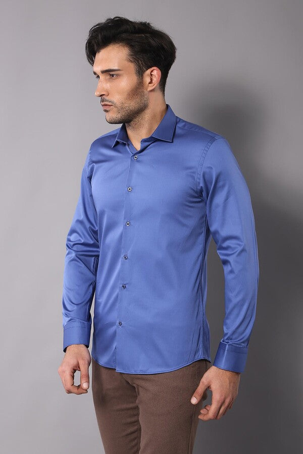 Plain Cotton Satin Blue Shirt - Wessi