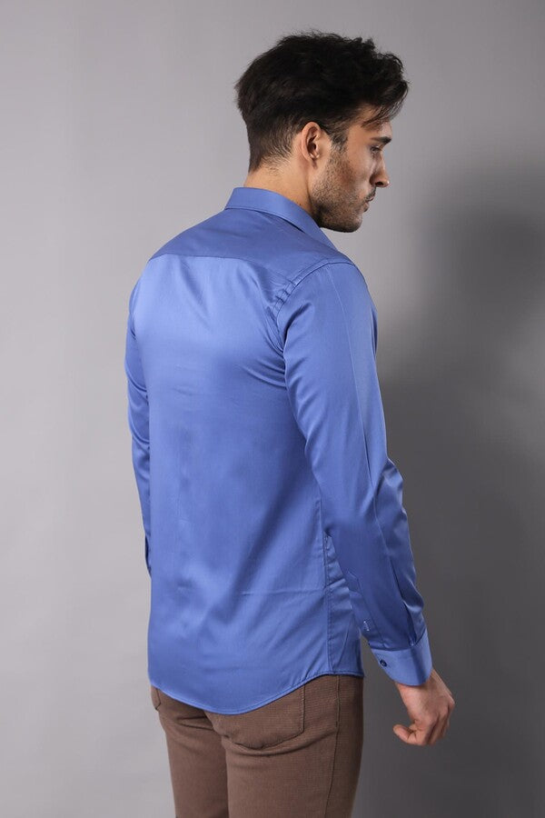 Plain Cotton Satin Blue Shirt - Wessi